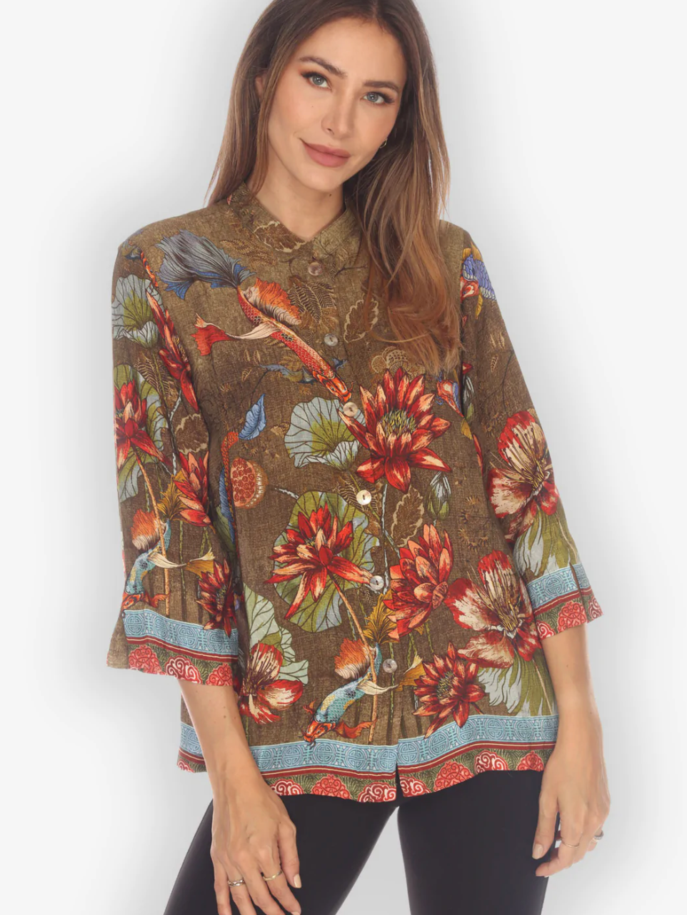 Citron "Koi Fish Water Lilies" Silk Blouse - 1213KFWL
